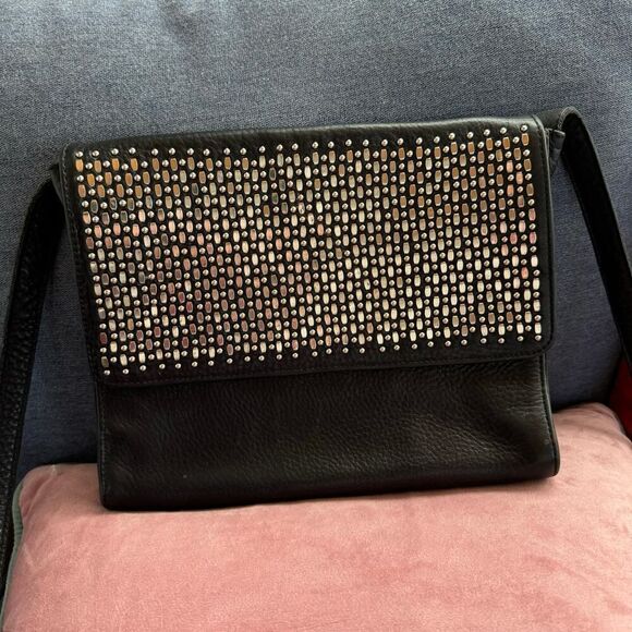 Calleen Cordero Handmade Black Leather & Silver Studded Crossbody Messenger Bag - Picture 2 of 8